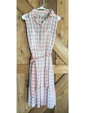 Nanette Lepore Gingham Texture Dot Sleeveless Midi Dress Size 6 Peach/White